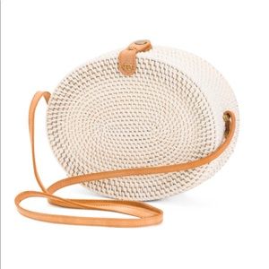 Oval Rattan Bag with Leather Trim